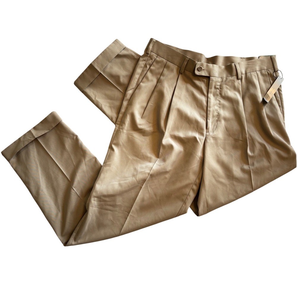 Savane Mens Dress Pants 34x32 Pleated Cuffed Khaki Tan Office Business NWT